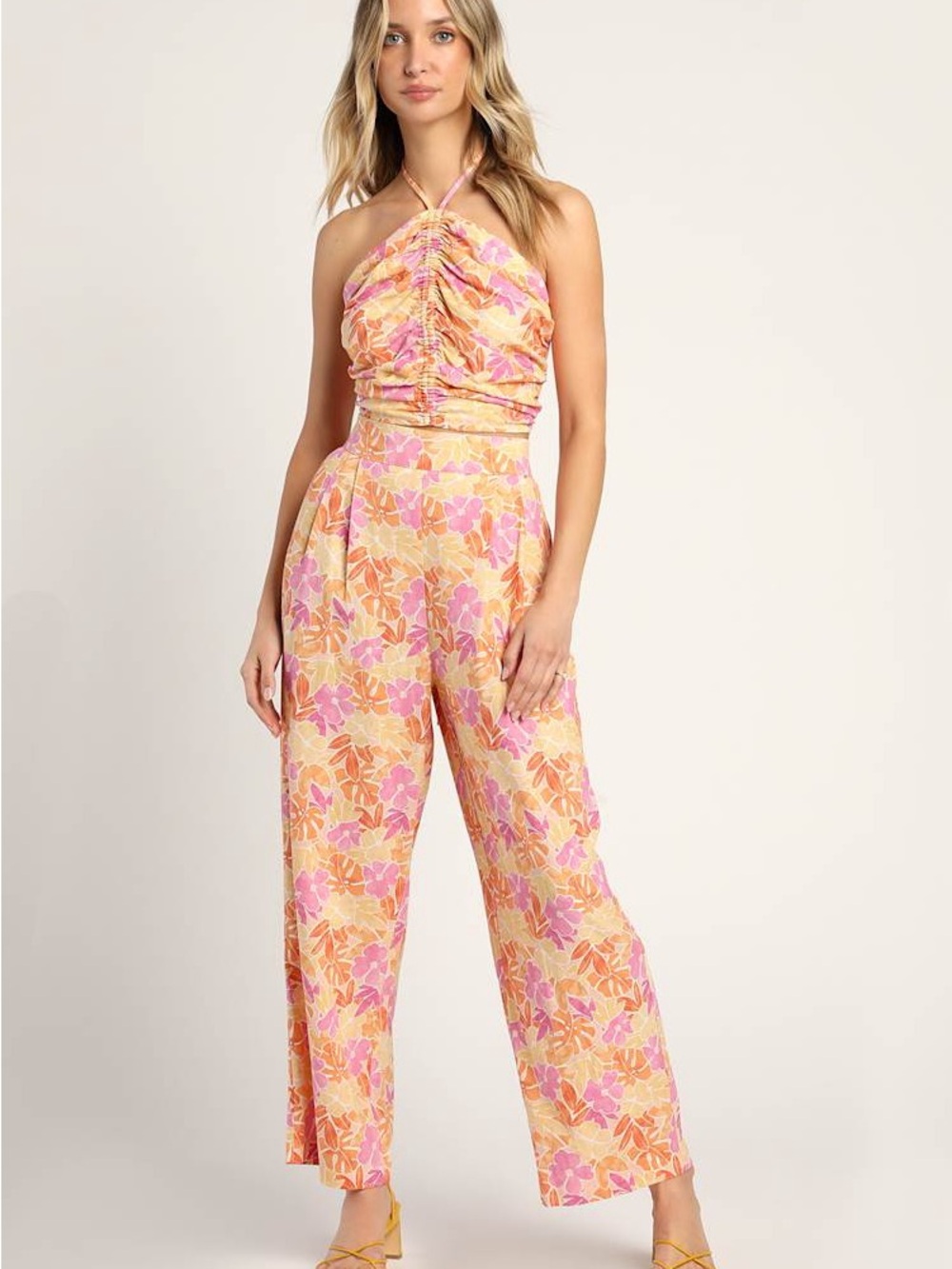 Lulus Island Imaginings Peach Floral Print Wide-Leg Pants Size Small